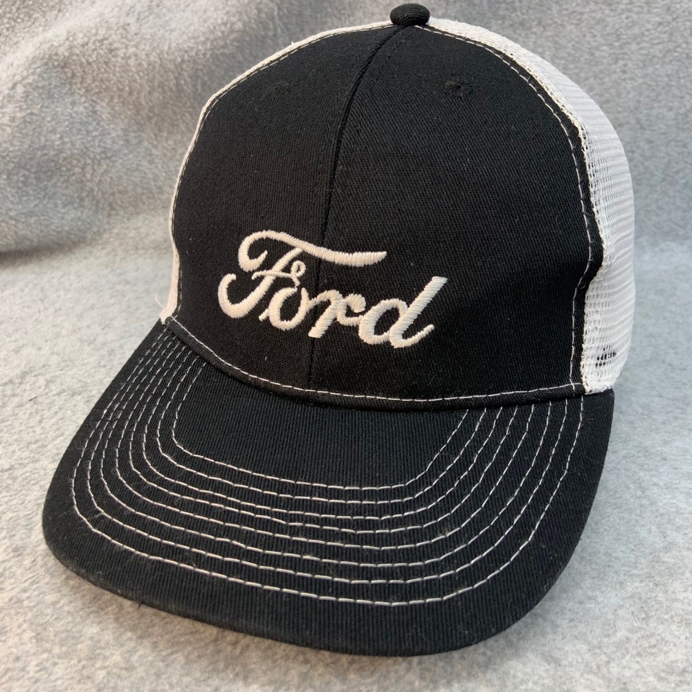 Ford Script Logo Mens Black White Ford Trucker Hat Snapback Mesh OSFM